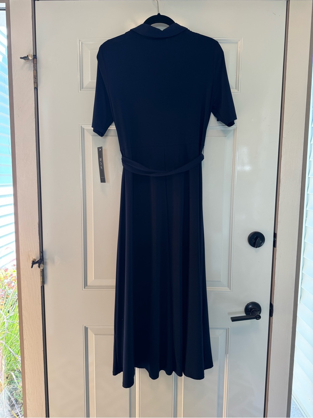 Classic Navy Short-Sleeve Midi Dress with Belt